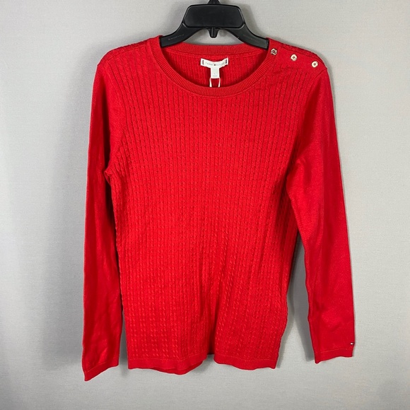 Tommy Hilfiger Womens Cable Knit Crewneck Pullover Sweater Gold Buttons … - Picture 2 of 8